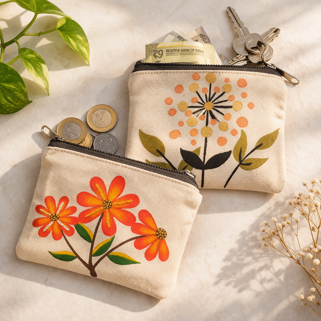 Hand-painted pouches arranged as artful gifts